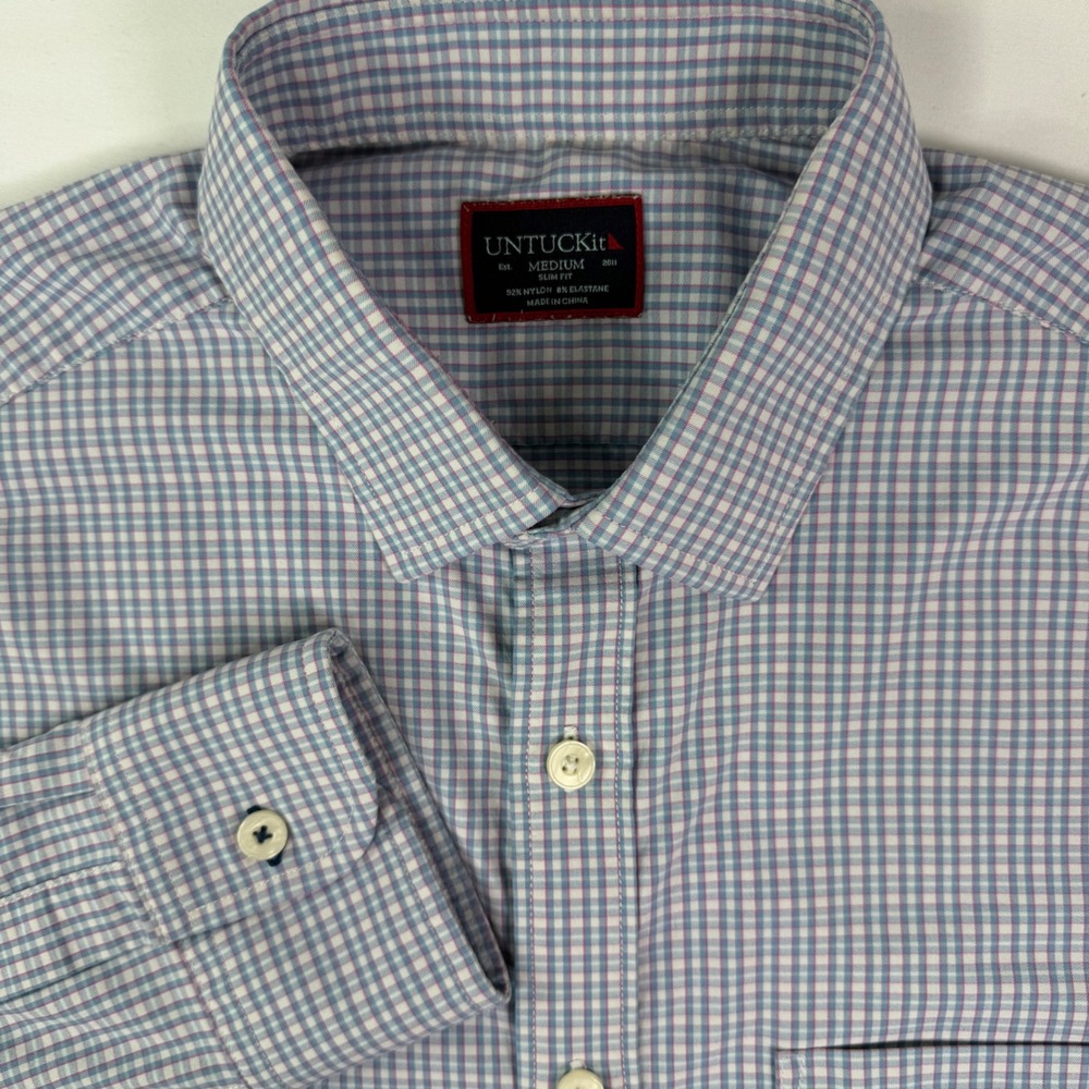 UNTUCKit Mens Medium Slim Fit Performance Shirt Blue Pink Check Long Sleeve